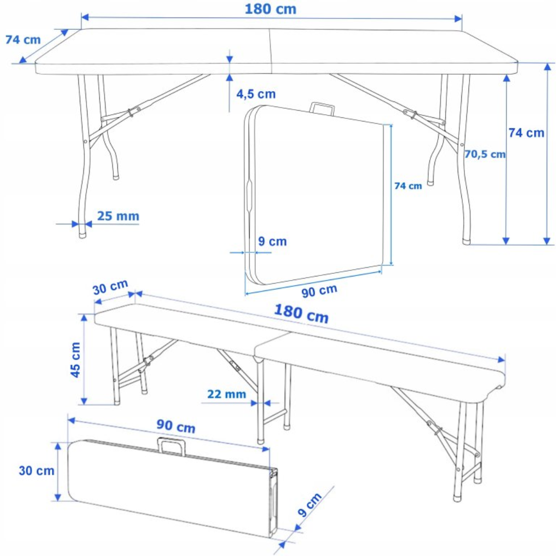 Sklopivi pivski set 180 cm – stol i 2 klupe