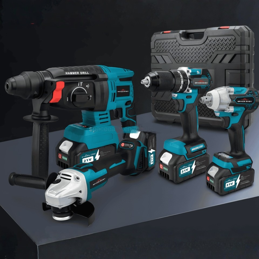 Aku set alata 4u1 Brushless – bušilica, udarni odvijač, kutna brusilica i SDS čekić