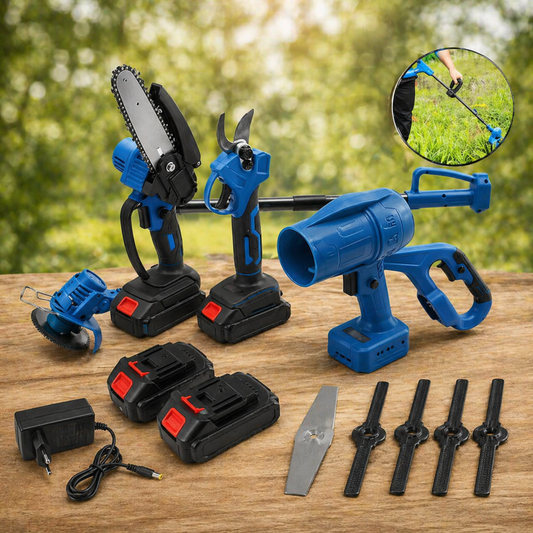 Aku set 4u1 – škare, puhač, trimer i pila sa 2 baterije